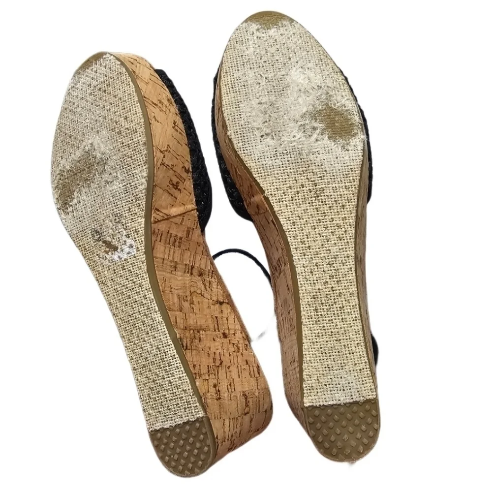 Toms Black Buckle Open Toe Cork Wedges